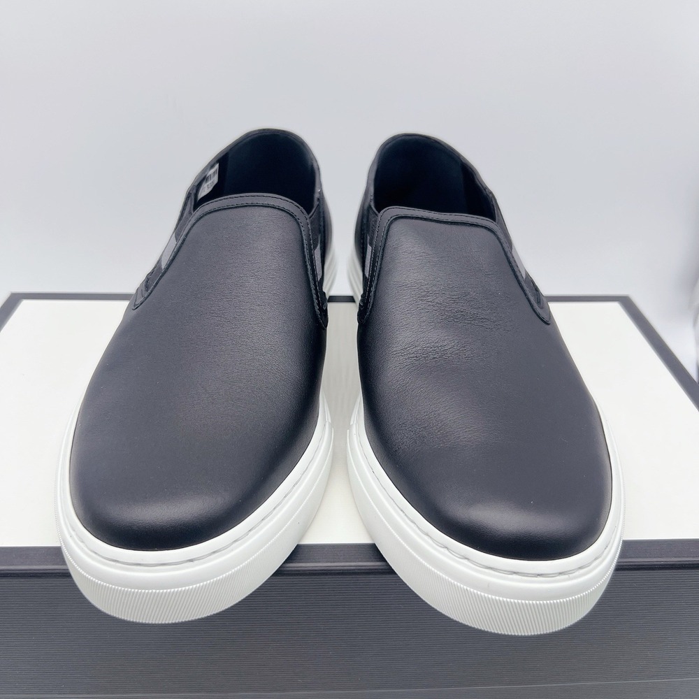 Gucci Signature Web Sneakers Loafers Black Leather Slip On UK 8 US 8.5 - Picture 4 of 14